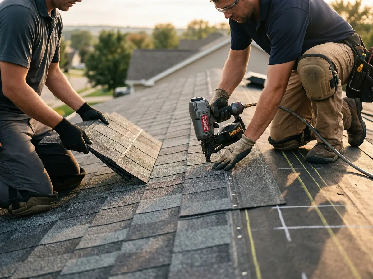 Professional roofer working on a residential roof in Palmyra